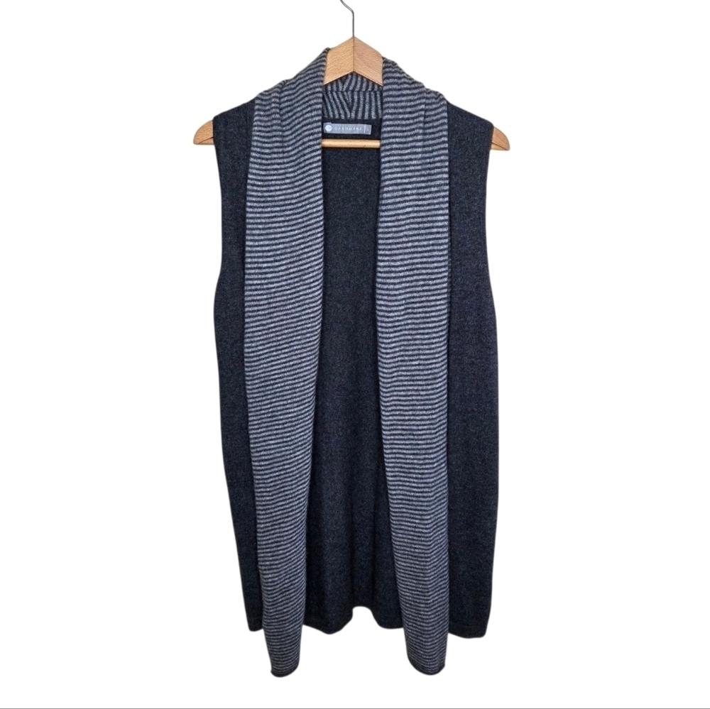InCashmere Dark Gray Long Open Front Vest with Striped Collar & Front Size Large